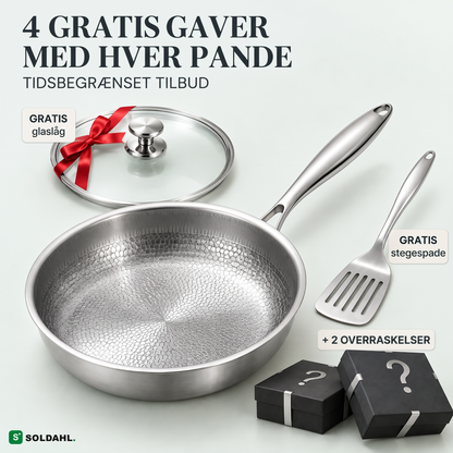 Soldahl Stekro stegepande i titanium med poleret stålhåndtag, glaslåg med rødt bånd, stegespade og to gaveæsker, gratis gaver med hver pande