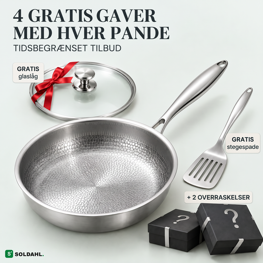Soldahl Stekro stegepande i titanium med poleret stålhåndtag, glaslåg med rødt bånd, stegespade og to gaveæsker, gratis gaver med hver pande