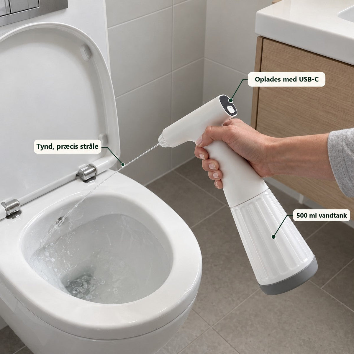 WC-skyller sprøjter en tynd vandstråle i toiletkummen, oplades med USB-C, 500 ml tank
