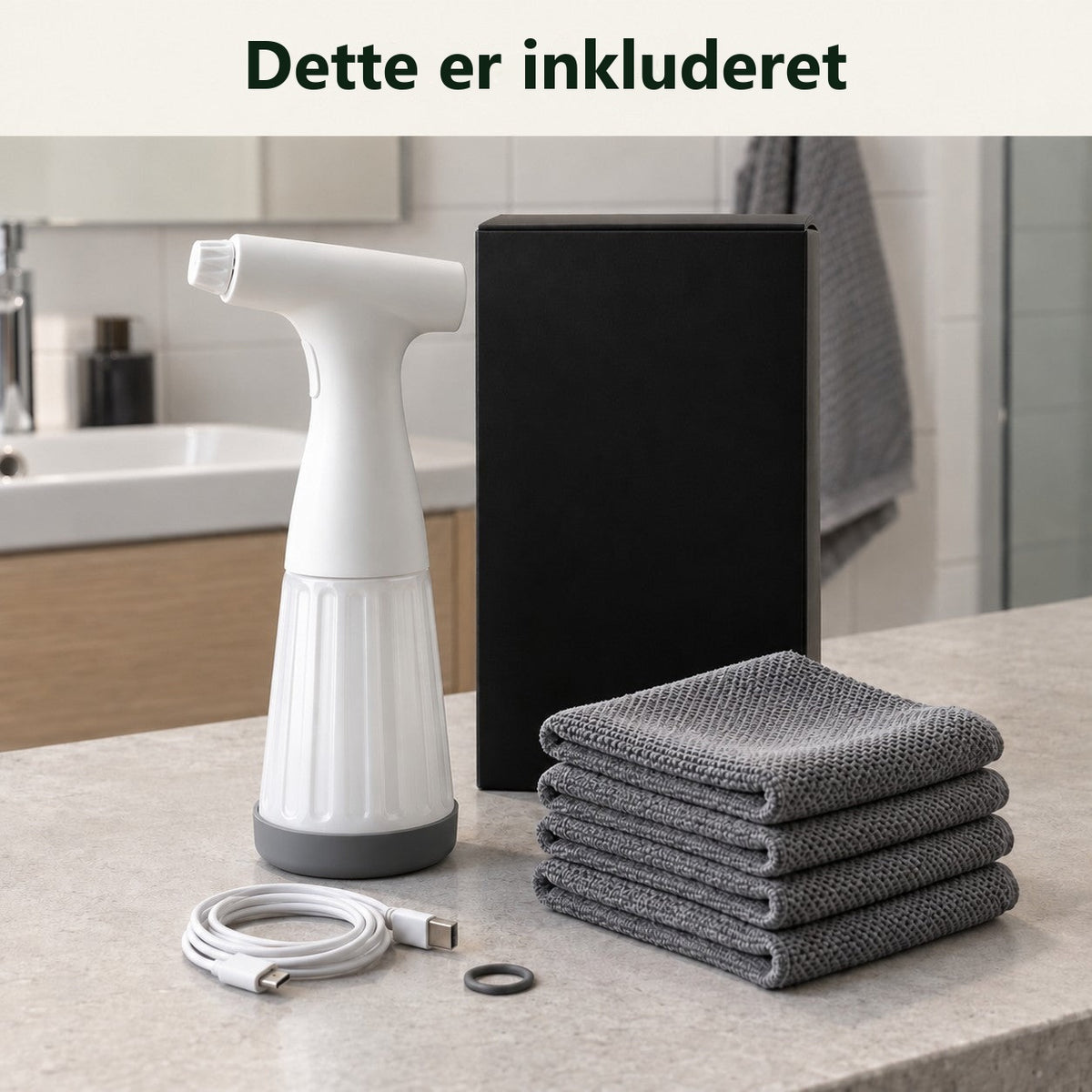 Dette er inkluderet: WC-skyller, 4 mikrofiberklude, ekstra O-ring og USB-C-kabel