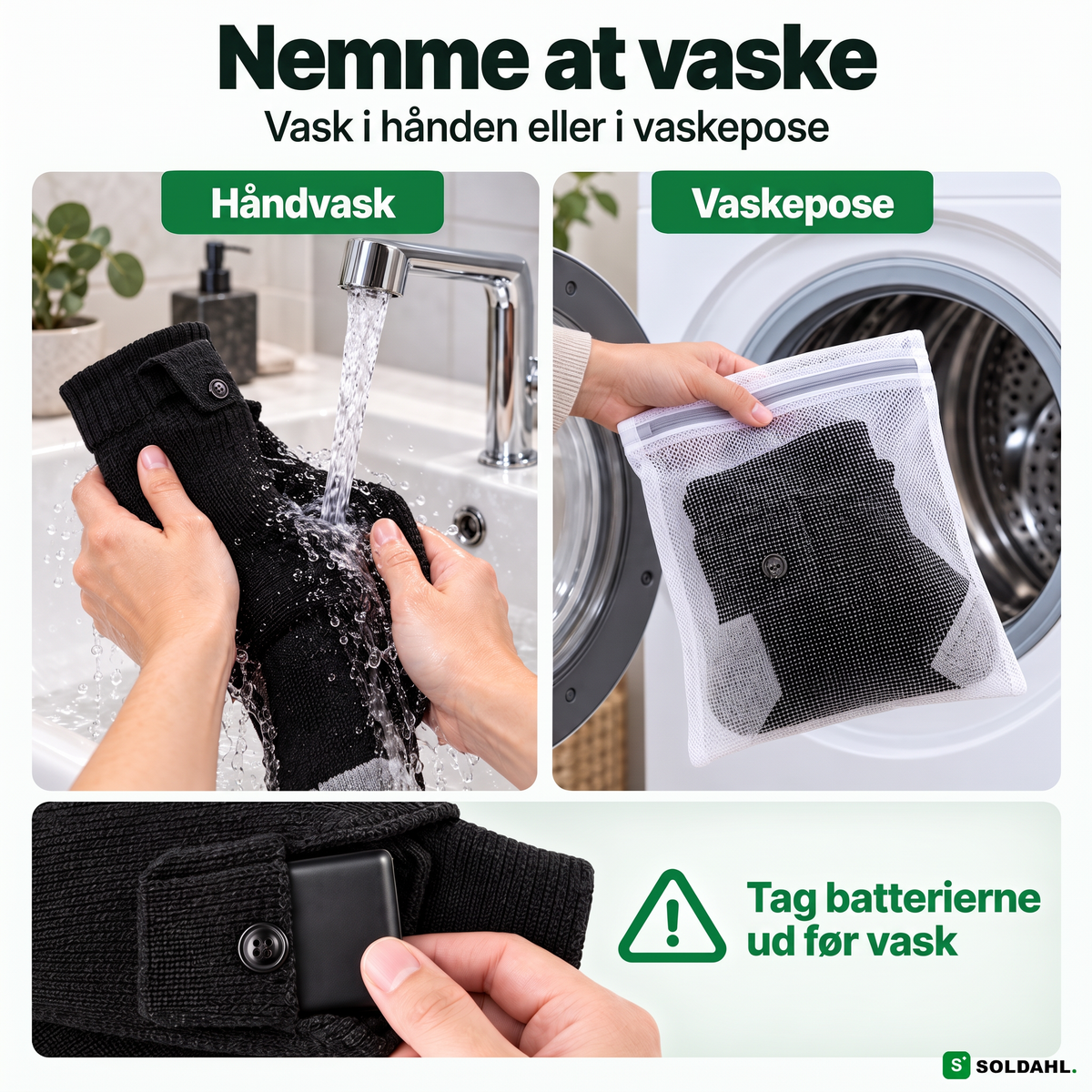 Varmestrømperne er nemme at vaske, når batterierne er taget ud