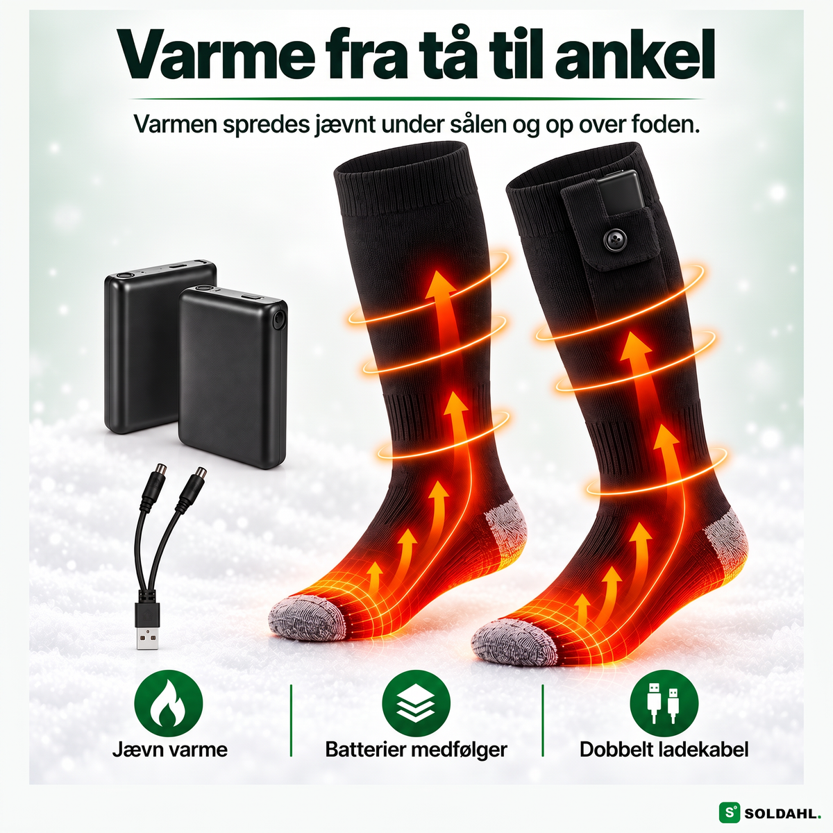 Varmestrømper, der varmer fra tå til ankel med to batterier