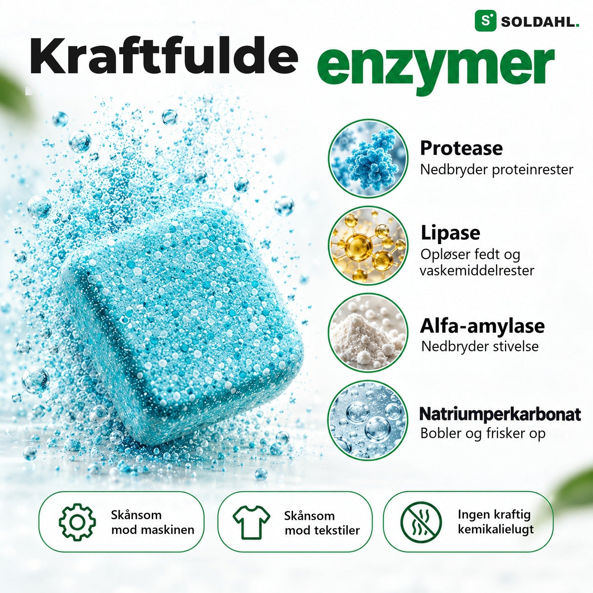 Kraftfulde enzymer: protease, lipase, alfa-amylase og natriumperkarbonat