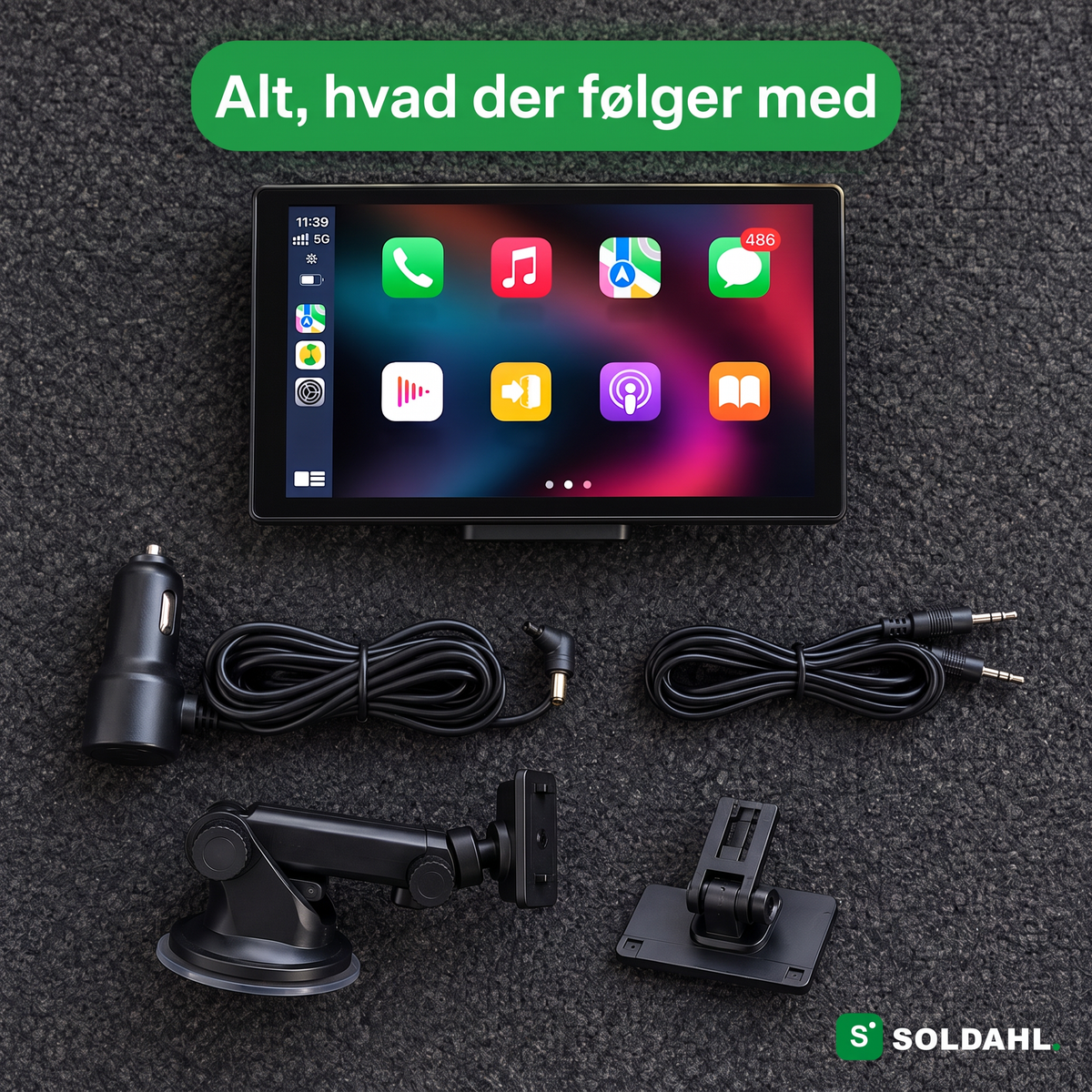 Alt, der følger med Vejro: skærm, sugekopsholder, holder til instrumentbrættet, 12V-kabel og AUX-kabel