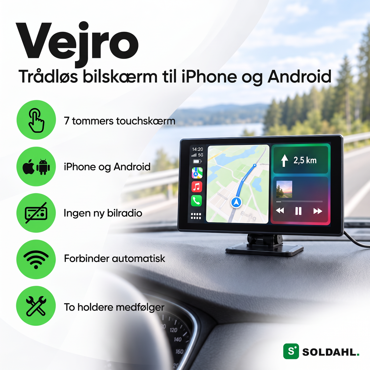 Vejro på instrumentbrættet med kort, fem fordele: touchskærm, iPhone og Android, ingen ny bilradio