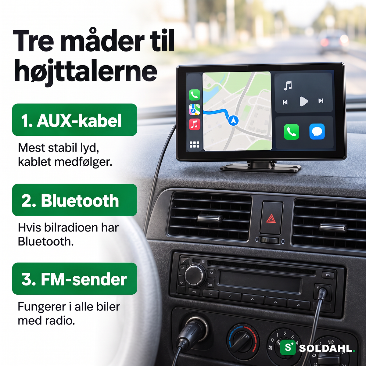 Tre måder at få lyd fra Vejro til bilens højttalere: AUX-kabel, Bluetooth og FM-sender