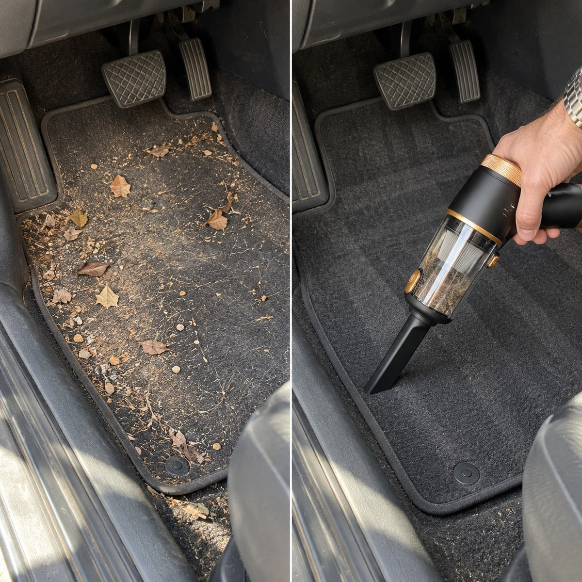 Før og efter: bilmåtte fuld af blade og sand mod ren måtte med Sugro