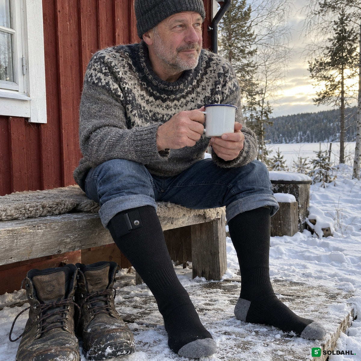 Mand foran rød hytte i sneen med varmestrømper og en kop kaffe